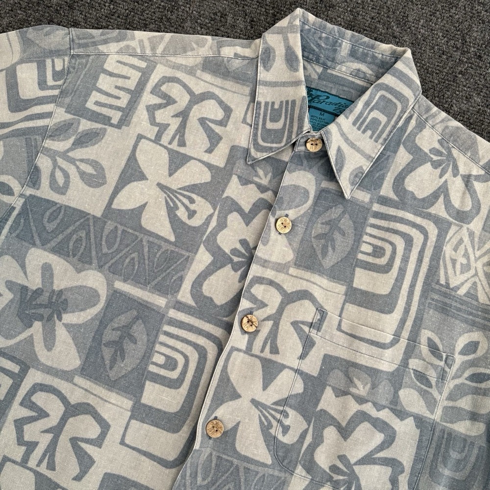 Paradise Blue , Hawaiian Shirt Wood Button‎ Up Blue Short sleeve Mens Sz. M